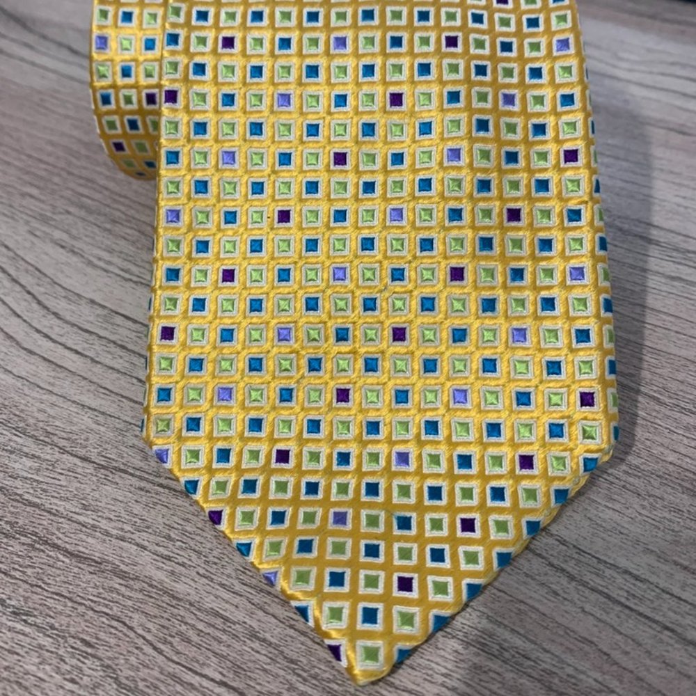 CHARLES TYRWHITT Gold Blue Green Purple Check Geometric Silk Neck Tie